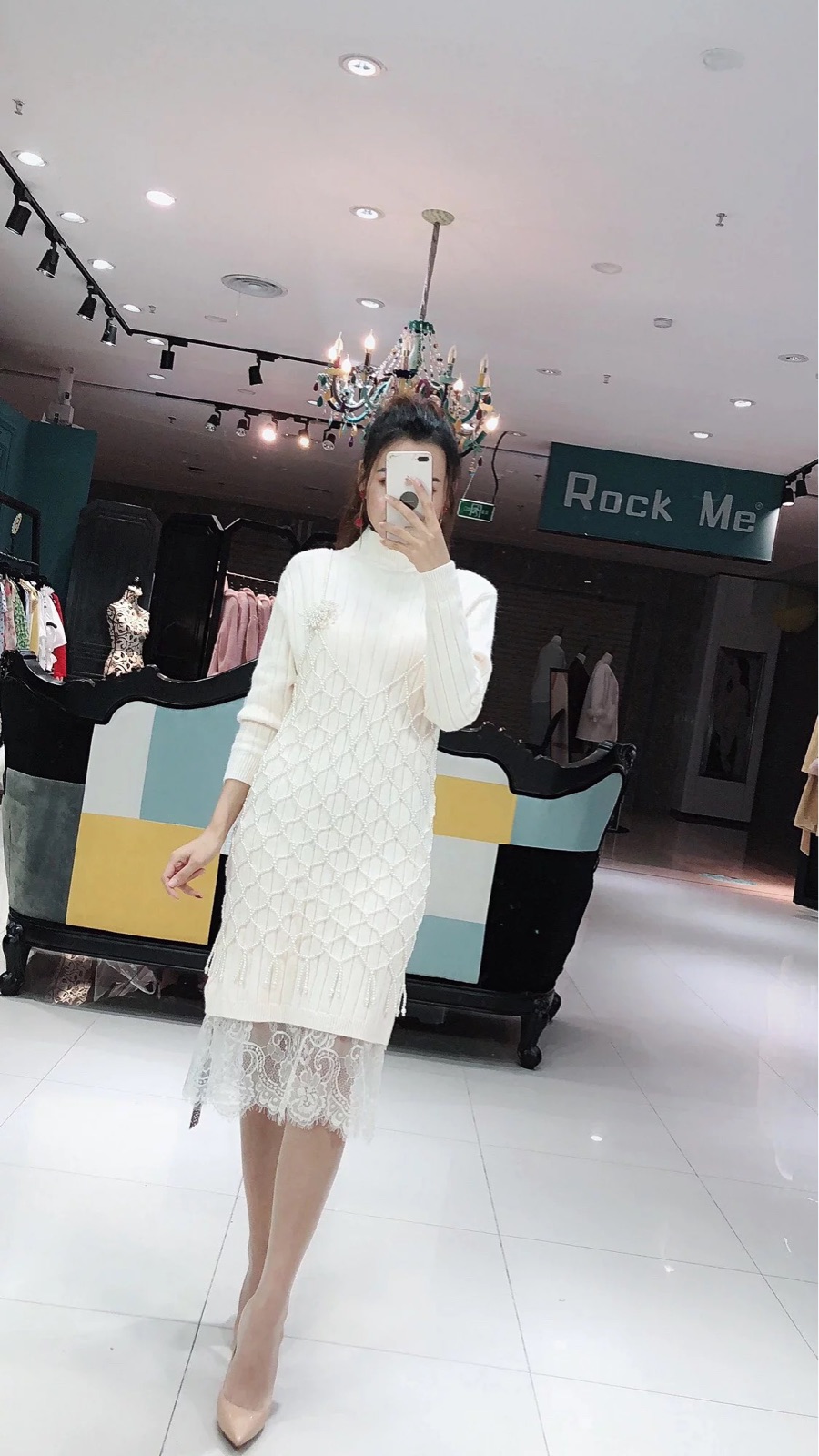 Rock Me2018冬季新款韩版珍珠蕾丝拼接针织衫连衣裙两件套套装女