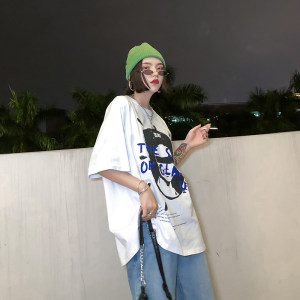 migu港风 span class=h>t恤 /span>女短袖丧系衣服字母头像白色宽松欧