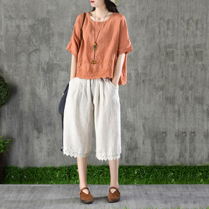 【女麻料上衣短袖宽松亚麻棉价格】最新女麻料