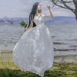 沙滩裙女夏2017新款蕾丝连衣裙海边度假白色飘逸仙女长裙波西米亚