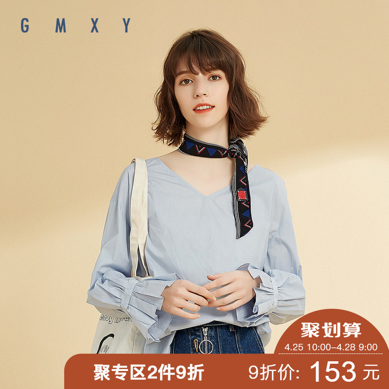 古木夕羊/GMXY2019春新品V领显瘦学院风纯棉衬衫后背系带套头上衣