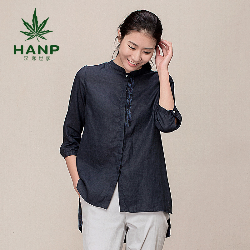 Hanp/汉麻世家休闲女中长款七分袖衬衫女直筒前短后长藏青色衬衣