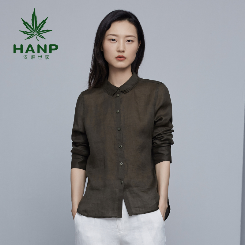 Hanp/汉麻世家长袖衬衣女修身棉麻上衣薄女士休闲衬衫秋新品