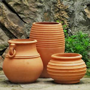 户外小陶罐园林景观土陶粗陶红陶盆红陶花盆大庭院摆件组合三件套