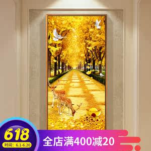 招财鹿入户玄关装饰画山水过道走廊挂画风水寓