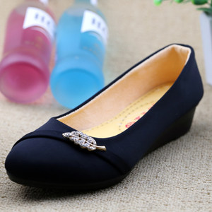 老北京布鞋女坡跟单鞋布鞋女中跟蝴蝶结浅口黑