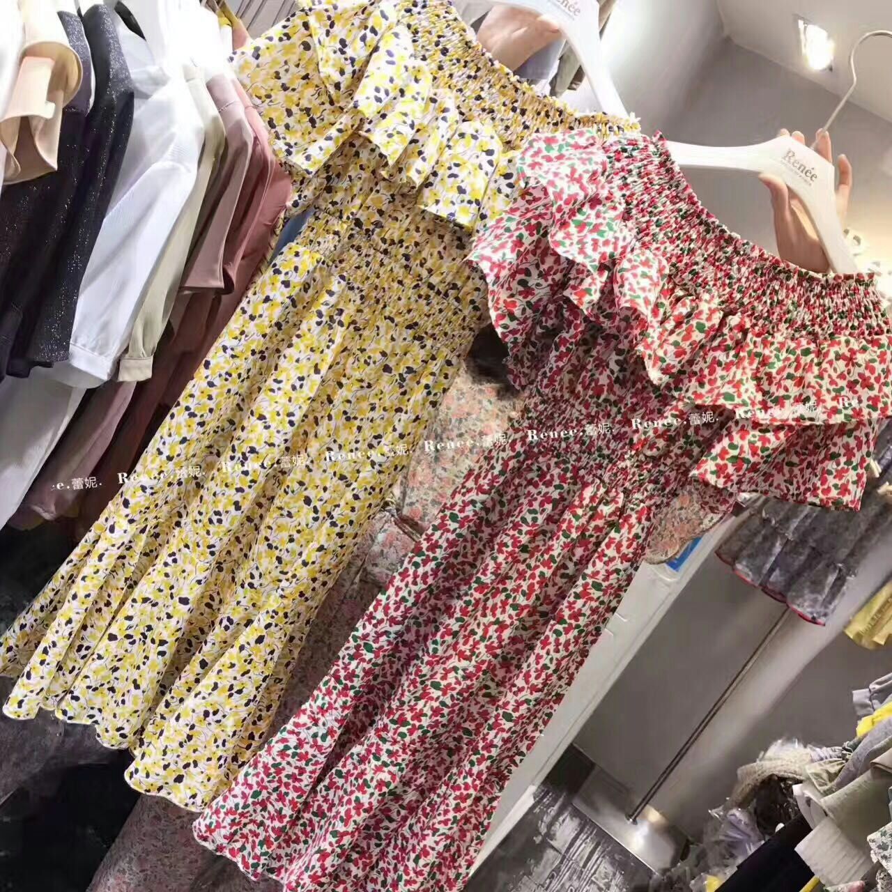 renee蕾妮品牌女装正品夏装韩版连衣裙一字肩印花中长款修身裙子