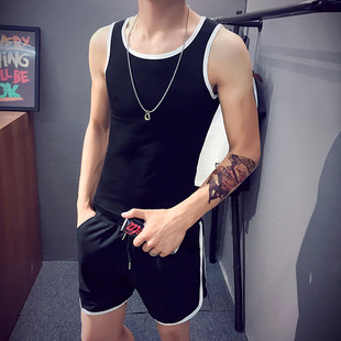 夏季二道背心裤衩男韩版两根筋无袖t恤男士运动跨栏背心短裤套装