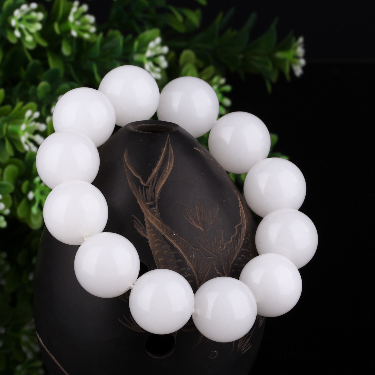 新疆和田玉羊脂白玉手链 和田白玉大圆珠手串正品男女款饱满油润