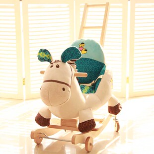 蓝鱼卡通花布马摇马木马儿童音乐摇椅宝宝益智玩具生日礼物带推杆