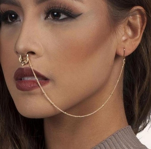 穿刺饰品水晶假鼻环新款链条鼻环夹鼻钉假鼻环耳环链子套件鼻中隔