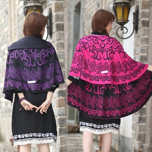 秋冬民族风圆形斗篷外套加厚仿羊绒披肩围巾女士春秋冬季丽江披风